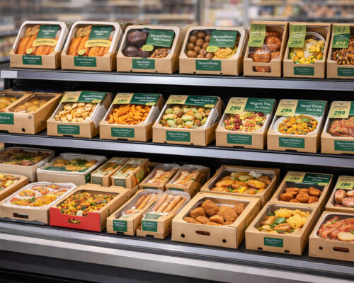 Regal mit veganen und vegetarischen Produkten